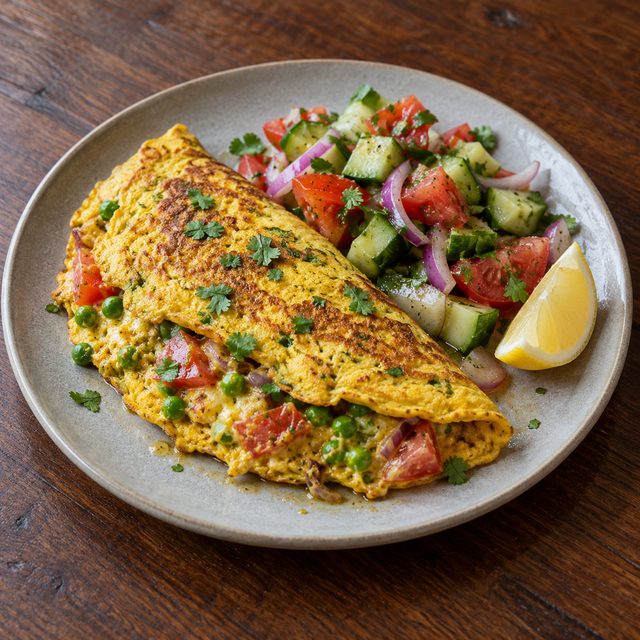 Masala Omelettes with Peas and Kachumber Salad