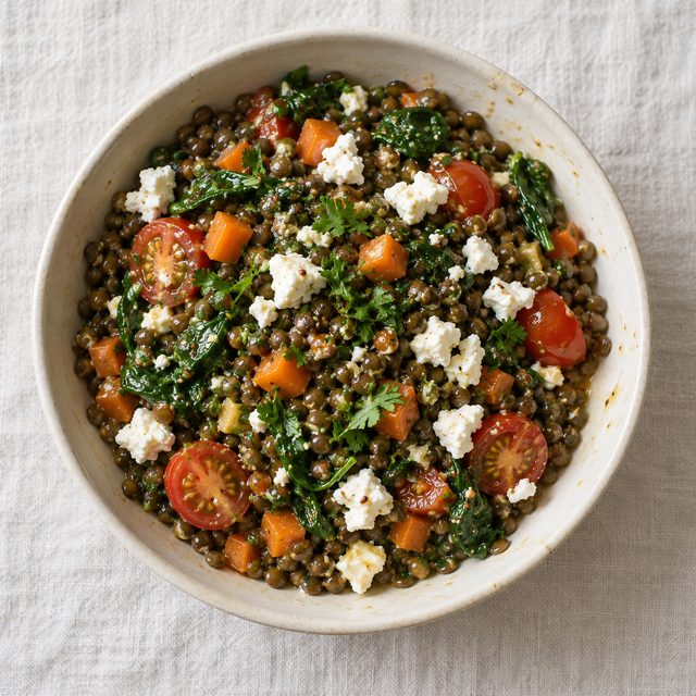 Warm French Lentil Bowls with Feta and Mustard Dressing