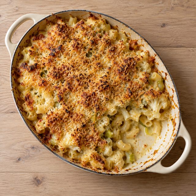 Cauliflower Cheese Pasta Bake with Leeks