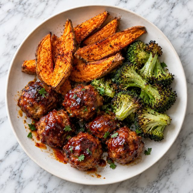 Sheet-Pan BBQ Turkey Meatballs with Sweet Potato Wedges