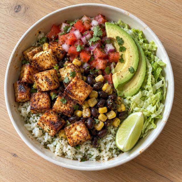 Air-Fryer Crispy Tofu Burrito Bowls with Lime Rice