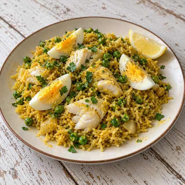 Kedgeree-Style Curried Rice with White Fish and Eggs