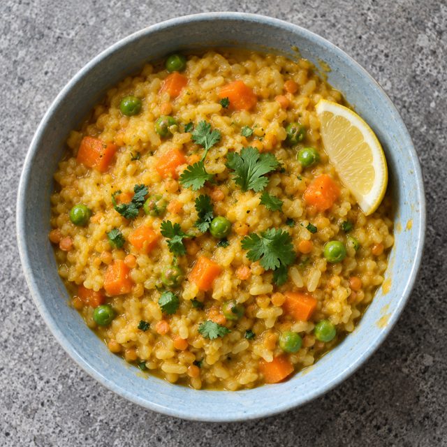 Vegetable Khichdi with Red Lentils, Carrots and Peas