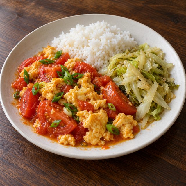 Chinese Tomato and Egg Stir-Fry with Garlic Cabbage and Rice