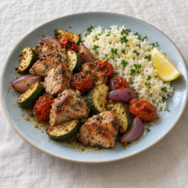 Sheet-Pan Souvlaki-Style Pork with Courgette and Lemon Rice