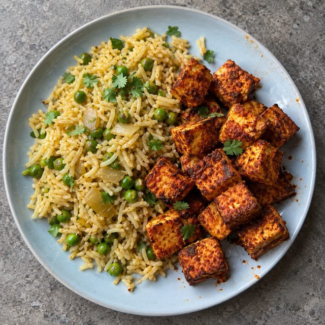 Air-Fryer Tikka-Spiced Tofu with Pea Pilau Rice