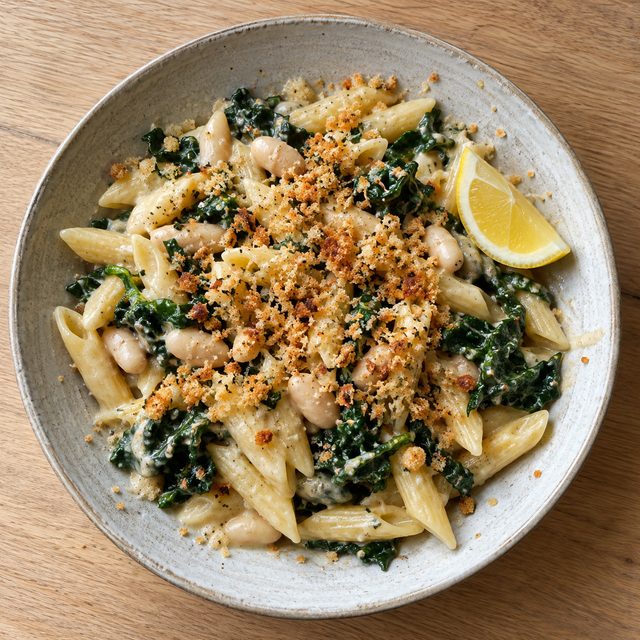 White Bean and Kale Pasta with Lemon Garlic Crumbs