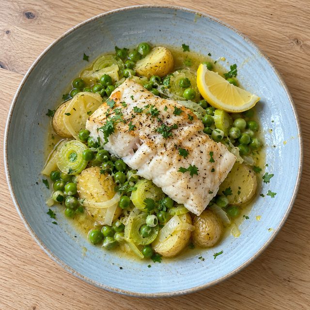One-Pan White Fish with Leeks, Peas and New Potatoes