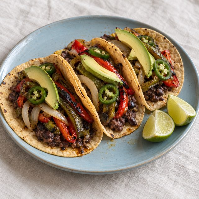 Charred Pepper and Black Bean Tacos with Avocado
