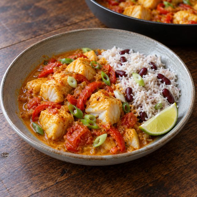 Caribbean-Style Fish Curry with Rice and Peas
