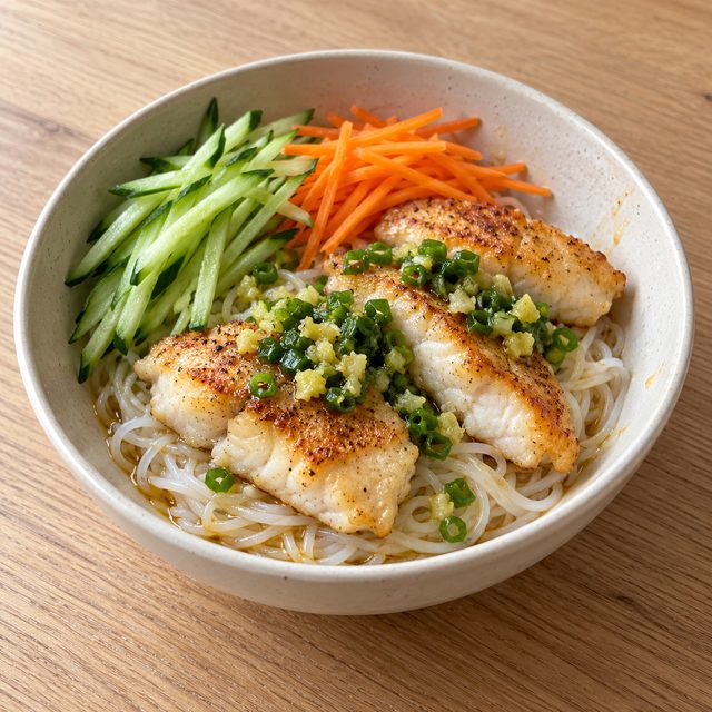 Ginger-Scallion Fish with Rice Noodles and Cucumber