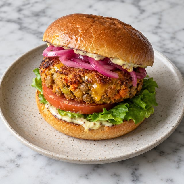 Red Lentil and Cheddar Burgers with Pickled Red Onion