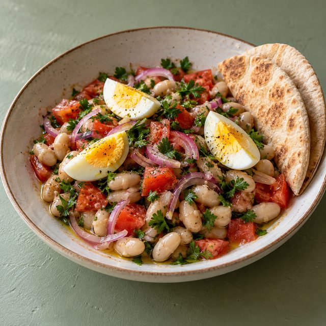 Piyaz (Turkish White Bean Salad) with Eggs and Warm Pittas