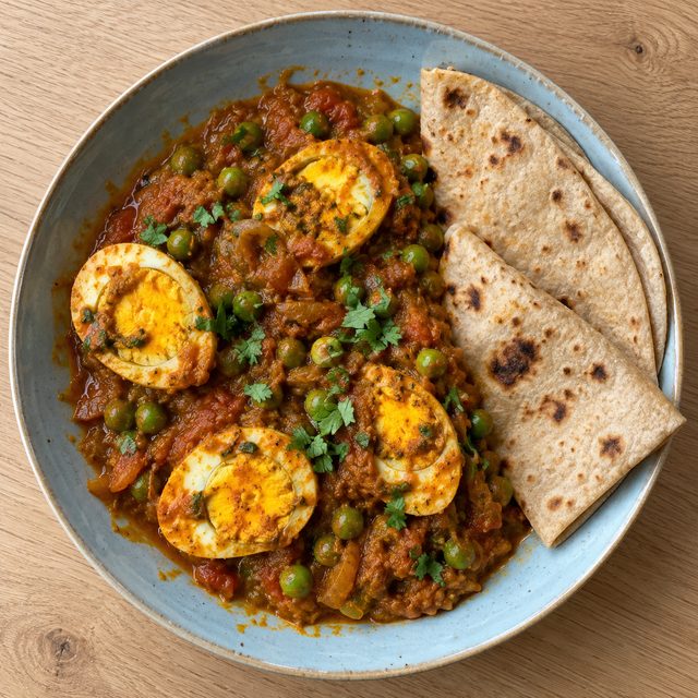Egg Curry (Anda Curry) with Peas and Warm Flatbreads