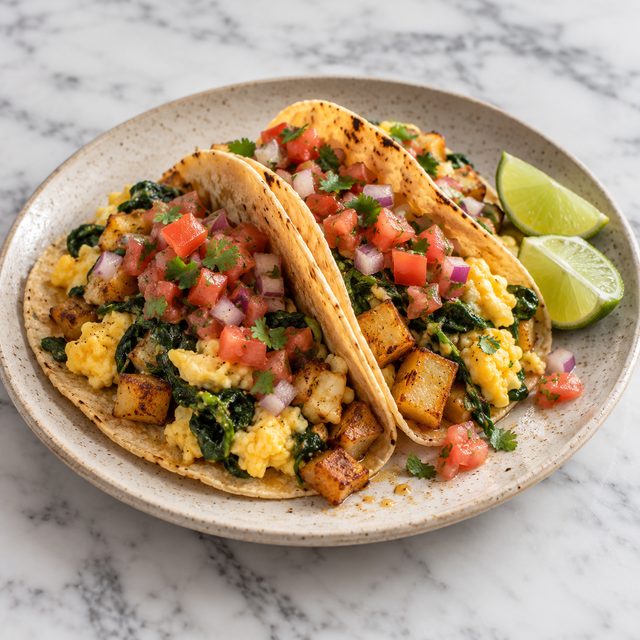 Breakfast Tacos with Crispy Potatoes, Spinach and Scrambled Eggs