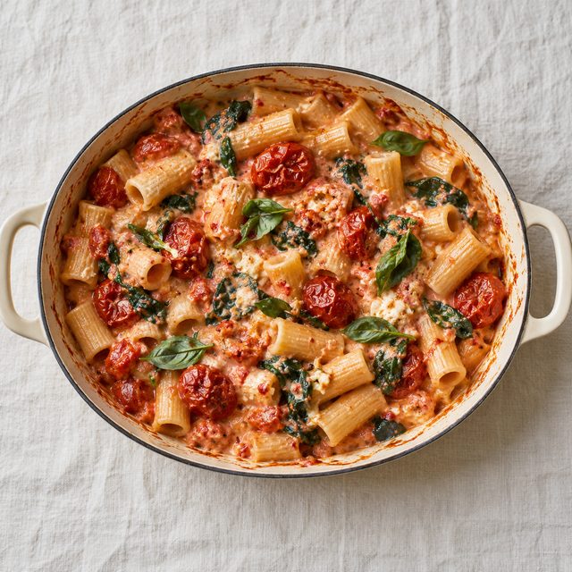 Baked Feta Pasta with Roasted Tomatoes and Basil