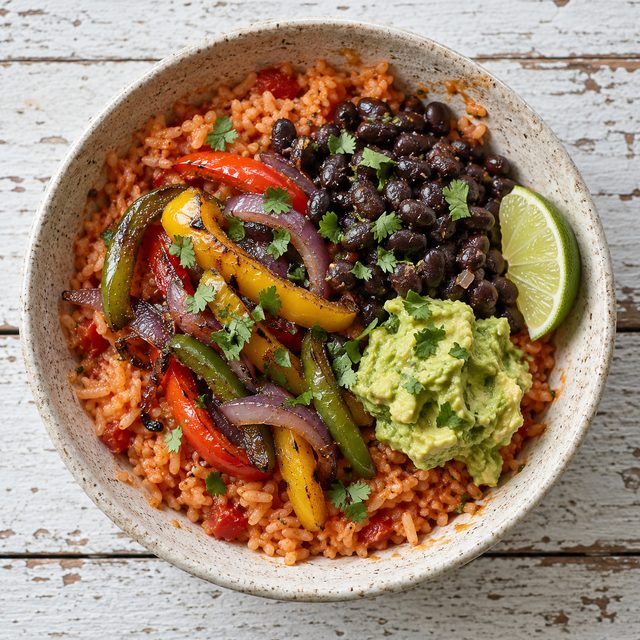 Veggie Fajita Bowls with Mexican Rice, Black Beans and Avocado