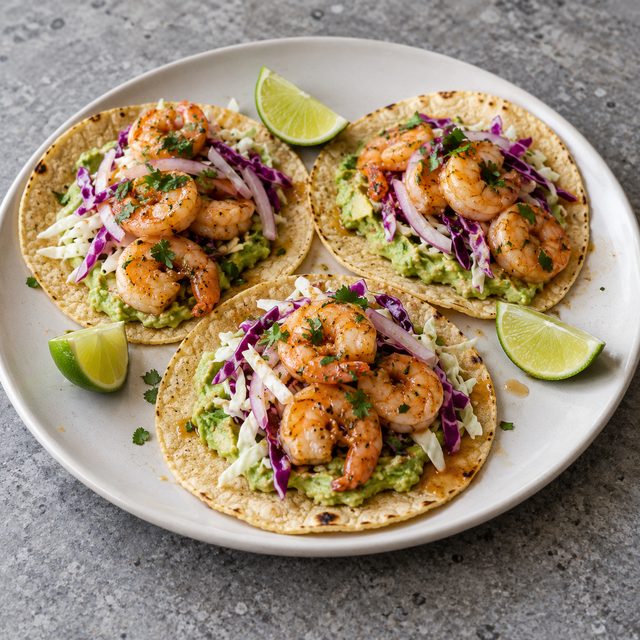 Cilantro-Lime Shrimp Tacos with Cabbage Slaw and Avocado