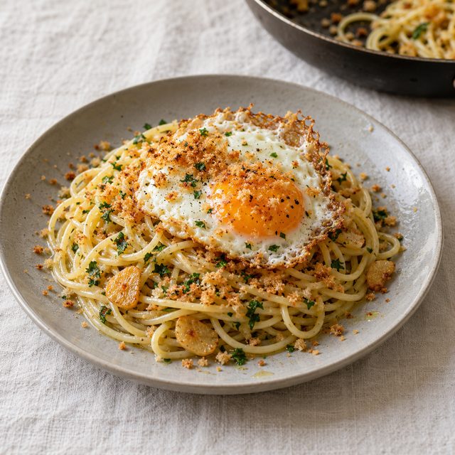 Spaghetti with Fried Eggs, Garlic and Toasted Breadcrumbs