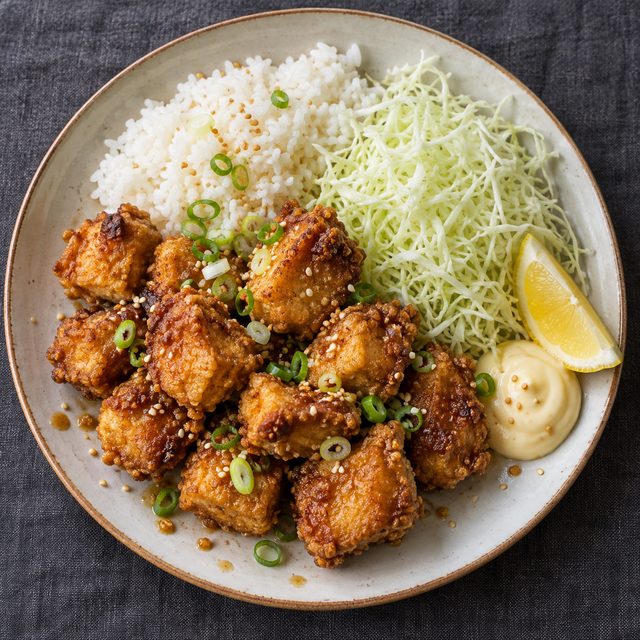 Air Fryer Tofu Karaage with Rice, Cabbage and Lemon Mayo