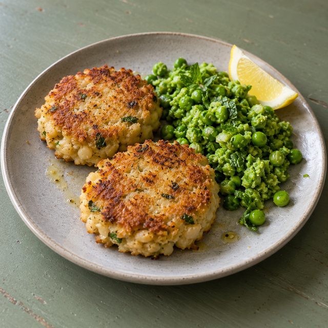 White Bean Cakes with Minty Crushed Peas and Lemon
