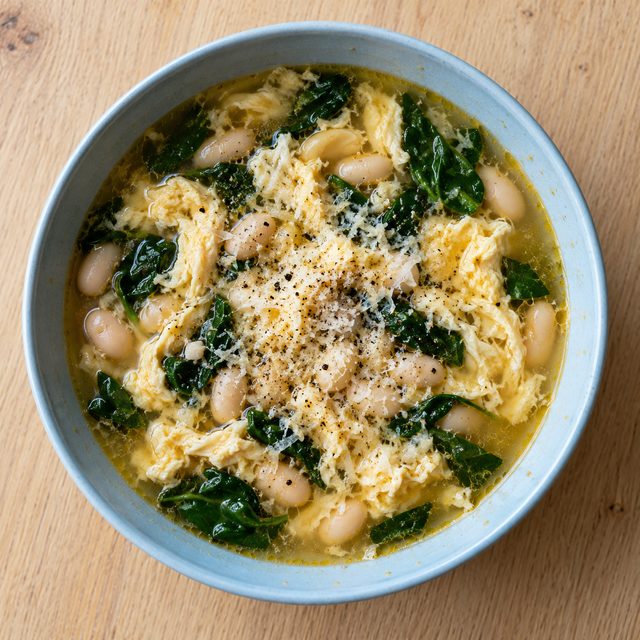 Stracciatella-Style Egg and Cheese Soup with Spinach and Beans