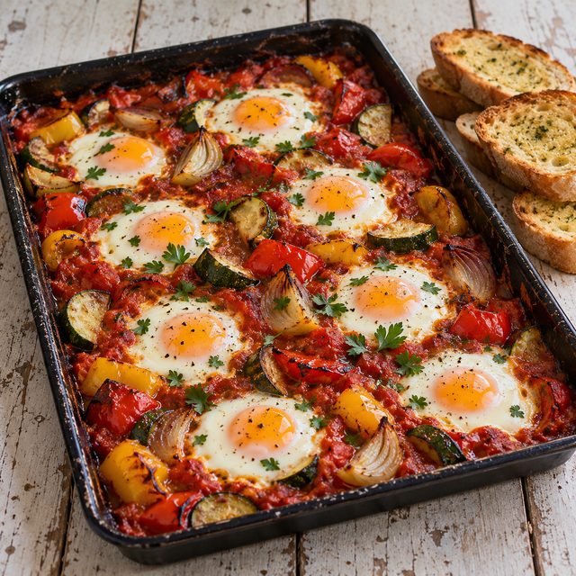 Sheet-Pan Pisto with Baked Eggs and Garlic Toast