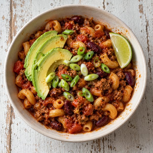 One-Pot Pork Chili Mac with Avocado