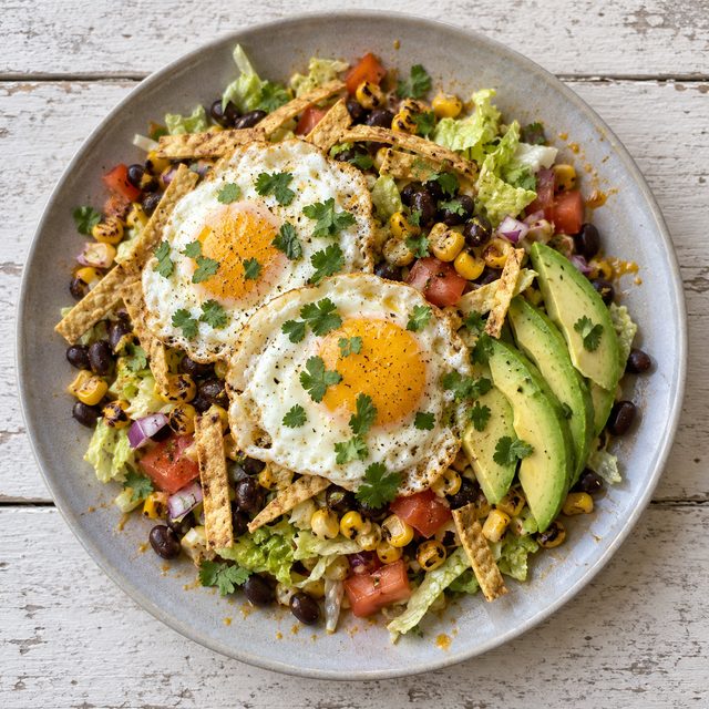 Black Bean Tostada Salad with Fried Eggs, Corn and Avocado