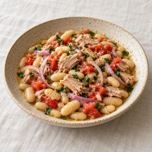 Warm Tuscan White Bean and Tuna Salad with Red Onion and Tomato