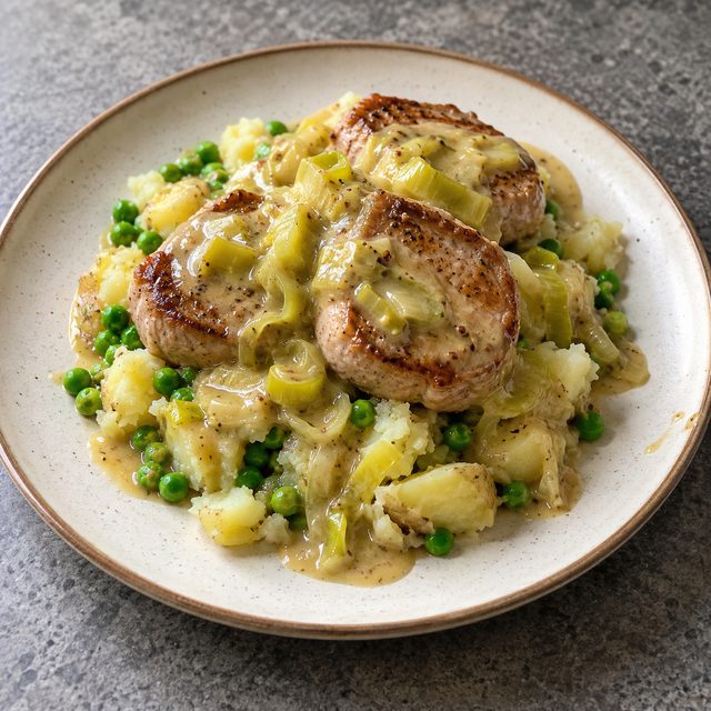 Pork Medallions with Mustard-Leek Gravy, Crushed Potatoes and Peas