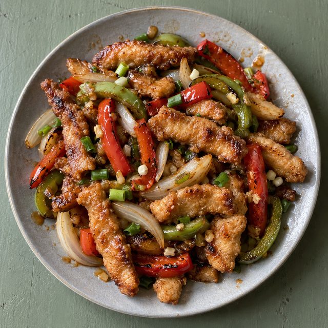 Air Fryer Salt and Pepper Pork with Peppers and Onions