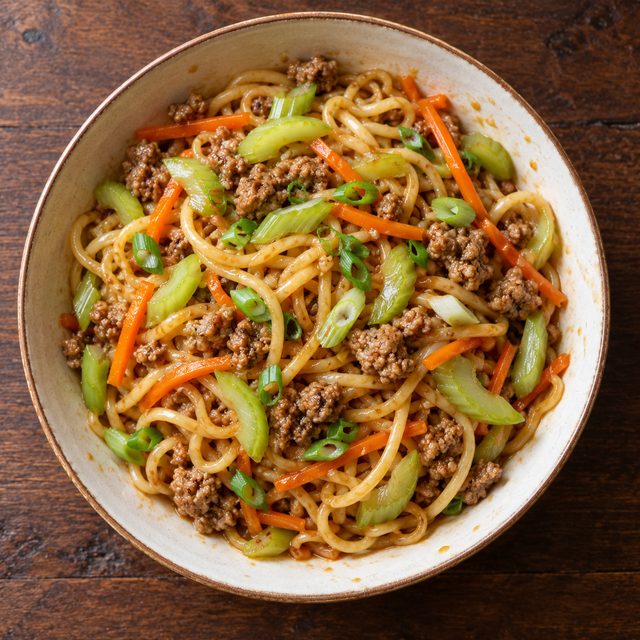 Chinese-Style Pork and Celery Stir-Fry with Egg Noodles