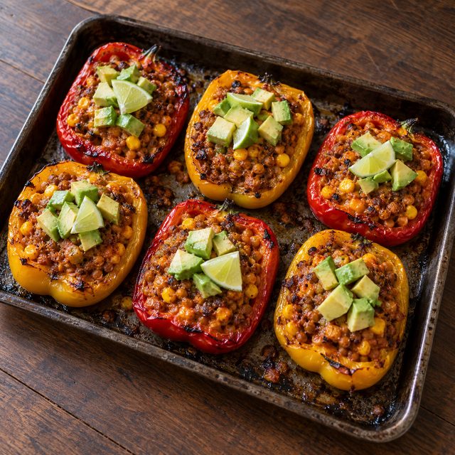 Sheet-Pan Stuffed Peppers with Spiced Lentils, Corn and Tomato