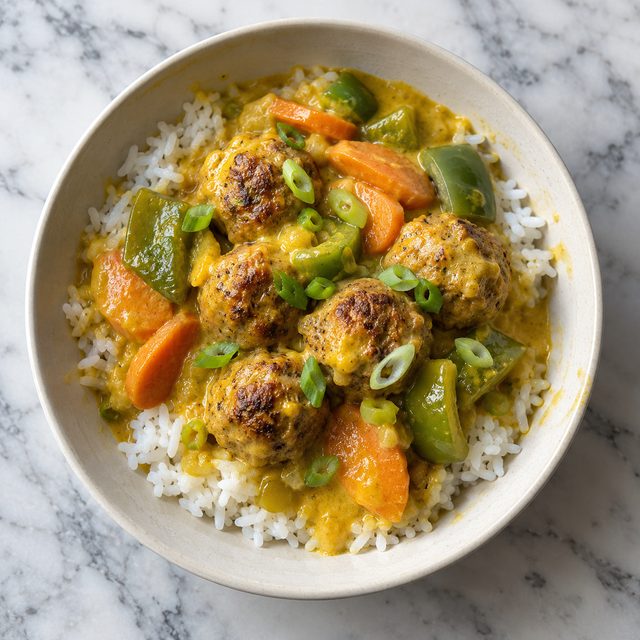 Chinese Curry Sauce Pork Meatballs with Peppers and Rice