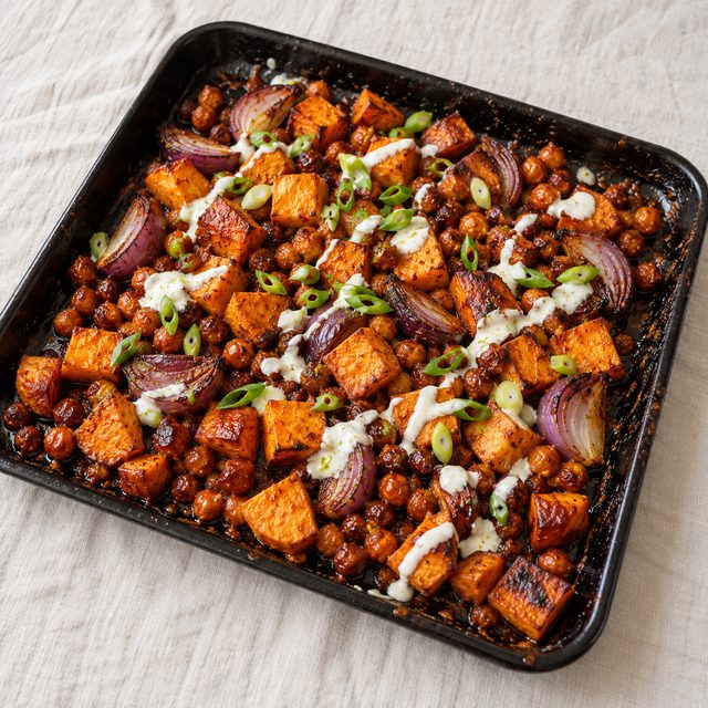 Sheet-Pan BBQ Chickpeas and Sweet Potatoes with Lime Soured Cream