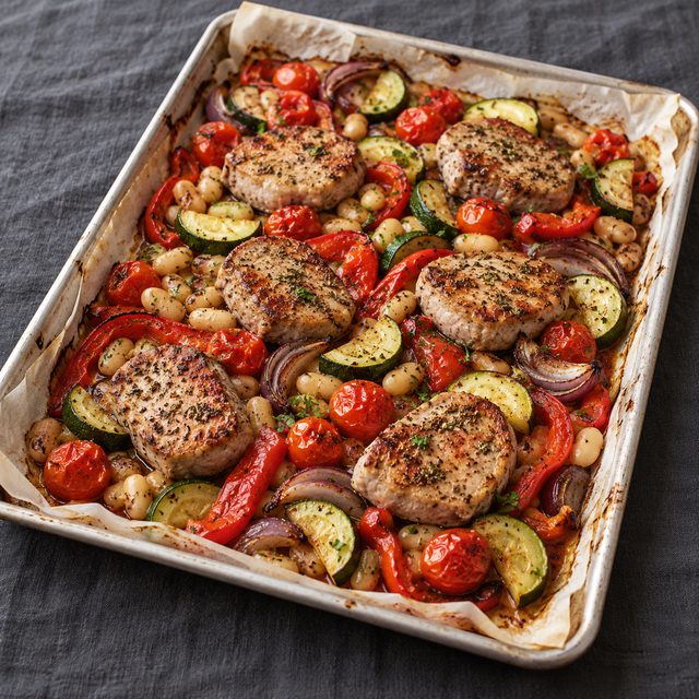 Sheet-Pan Pork Medallions with Peppers, Tomatoes and White Beans