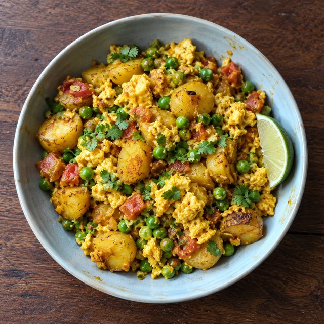 Egg Bhurji Bowls with Turmeric Potatoes and Peas