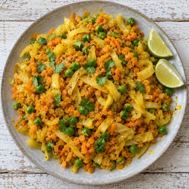 Cabbage and Red Lentil Poriyal-Style Stir-Fry with Peas