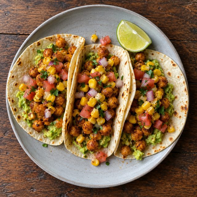 Air Fryer Chili-Lime Chickpea Tacos with Corn Salsa and Avocado