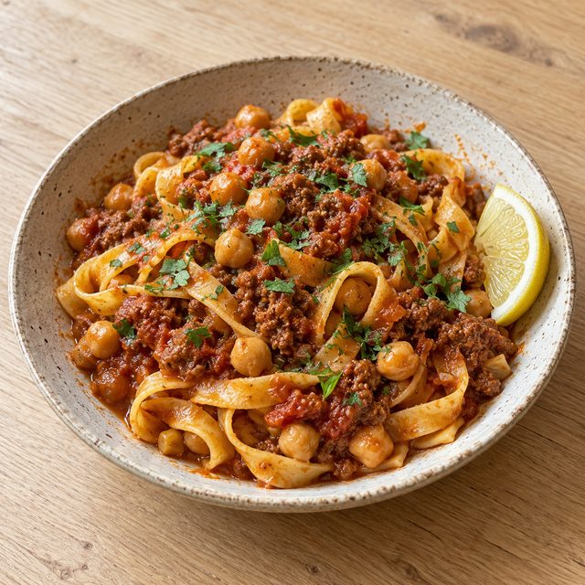 Libyan-Style Spiced Beef and Tomato Noodles with Chickpeas