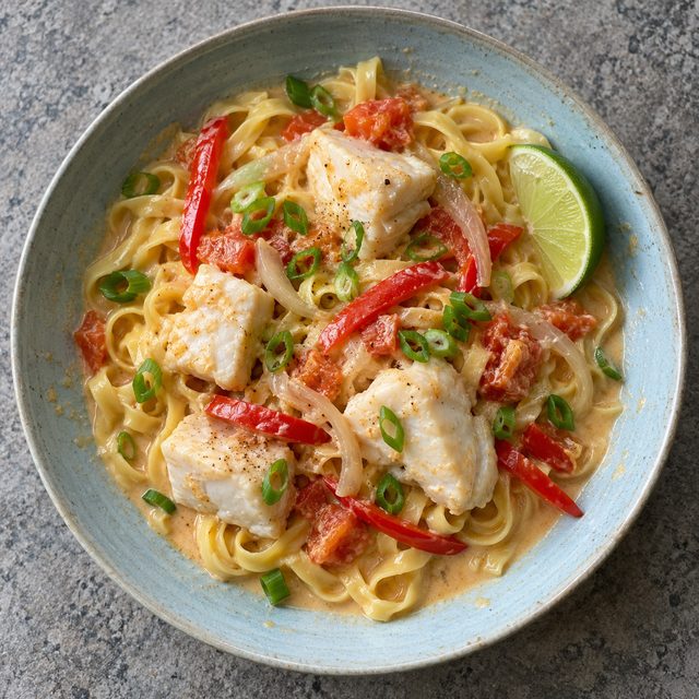 Run Down-Style Coconut Fish with Thyme, Peppers and Egg Noodles