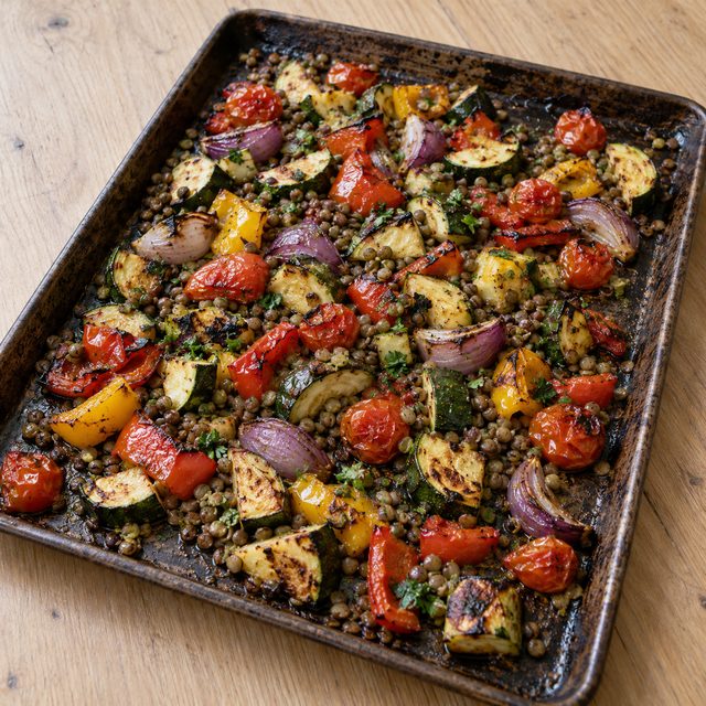 Sheet-Pan Mediterranean Vegetables with Lentils and Lemon Dressing