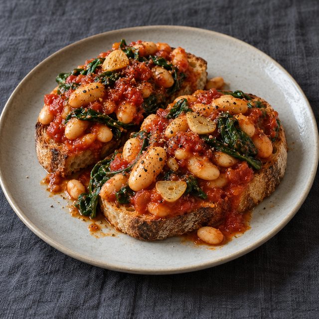 Tuscan-Style Beans on Toast with Tomato, Garlic and Spinach