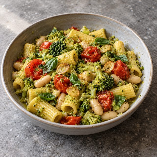 Broccoli, White Bean and Cherry Tomato Pasta with Garlic and Basil
