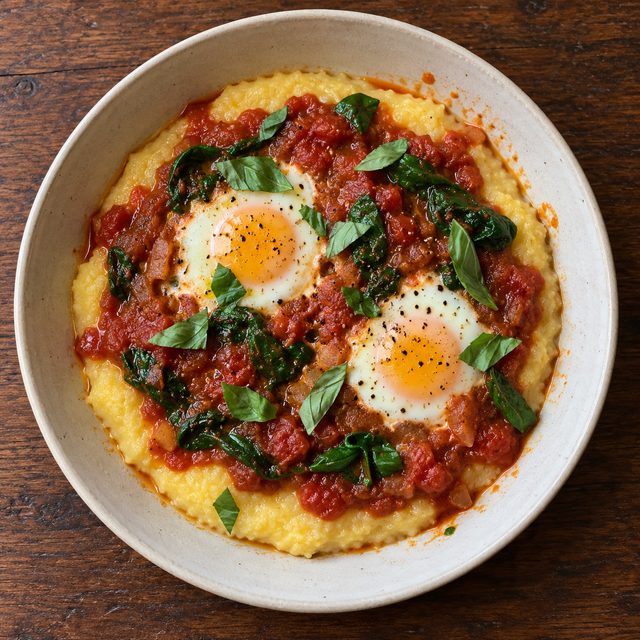 Italian Eggs in Tomato Sauce with Spinach and Soft Polenta