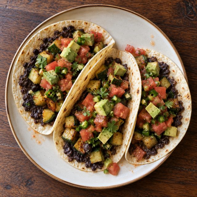 Smashed Black Bean Tacos with Charred Zucchini and Jalapeño Salsa