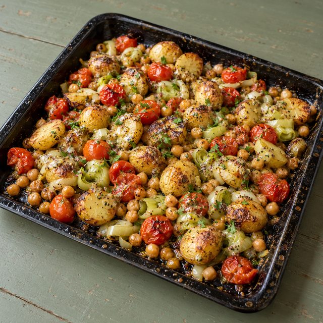 Sheet-Pan Crispy Potatoes with Chickpeas, Leeks and Mustard Dressing