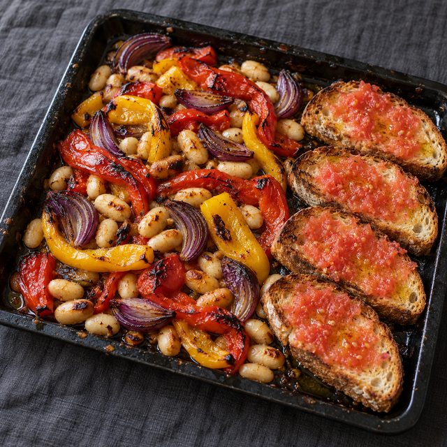 Sheet-Pan Paprika Peppers and White Beans with Pan con Tomate