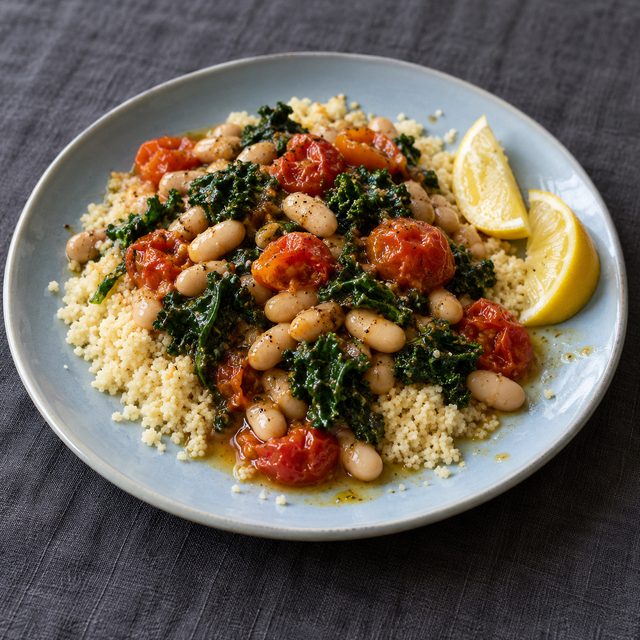 Lemony White Bean, Kale and Tomato Stir-Fry with Couscous